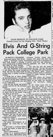 A newspaper clipping with a photo of elvis Presley at the top. THe headline of the newspaper reads Elvis and G-string pack college park.